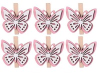 Dekorace dřevo 6 ks 48x43mm motýlek na kolíčku,růžová, bílá