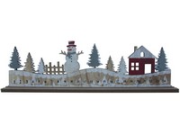 Dekorace dřevo, adv.kalendář450x150mm sněhuláci v pozadí krajina s domky na postavení, přírodní s glitrem, bílá, šedá