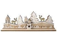 Dekorace dřevo, adv.kalendář 450×150 mm zimní krajina na postavení, přírodní s glitrem, bílá