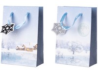 Taška darčeková 100x150 mm zimná krajina mix, modrá, biela