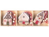 Fa akasztós 9db 55x75mm házak dobozban, natúr, színes