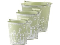 Plechový kvetináč 3 ks súprava oválna s uchom Jar, zelená 160x140x245mm 140x135x220mm 120x120x205mm