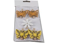 Dekorace dřevo 5ks 45mm motýli,kytička na kolíčku, přírodní, mix barev