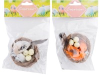 Dekorace plast, proutí  80mm hnízdo s kropenatými vajíčky a ptáčky, mix barev