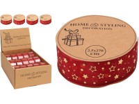 Stuha 2700x25mm potlač zlatý hviezda, husľový kľúč s notami box mix, červená, zlatá
