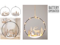 LED dekoráció fém, fa 240x20x260mm szarvas, fák, házikók függő mix, natúr, fehér