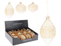 Üveggömbok 80/80/120mm fára, különböző formák díszítéssel és arany gyöngyök mix, sárga, rózsaszín