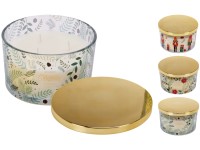 Illatgyertya üvegben 100x100mm 3 kanóccal, Merry Cristmas/Happy Holidays//Diótörő fém fedővel, színes