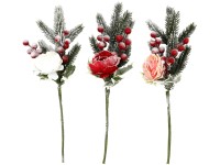 Zápich větvička 380 mm zasněžená, smrk s růží mix