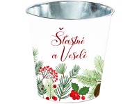 Fém kaspó 175x135x175mm klasszikus Boldog Karácsonyt, színes