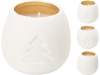 Porcelán gyertya 70x70x65mm fa, csillag, hópehely mix, fehér