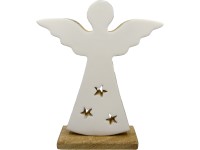 Dekoráció fa, zománc 203x55x279mm angyalka állványon, natúr, fehér