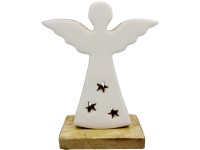 Dekoráció fa, zománc 127x58x177mm angyalka állványon, natúr, fehér