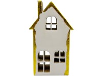 Dekoráció fa 88x40x155mm házikó állványon, fehér, arany