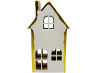 Dekoráció fa 100x40x180mm házikó állványon, fehér, arany