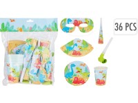 Súprava Párty 6ks tanierov 175mm/6ks téglikov 240ml/6ks čiapok 150mm/6ks húkačky 185mm/6 ks masky/6ks frkačiek, dinosaurus mix, farebná