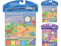 8 db-os, 160x200 mm-es gyermek kifestőkönyv készlet, 6 db akvarellfestékkel és 1 ecsettel/unikornis, dinoszauruszos keverék, színes